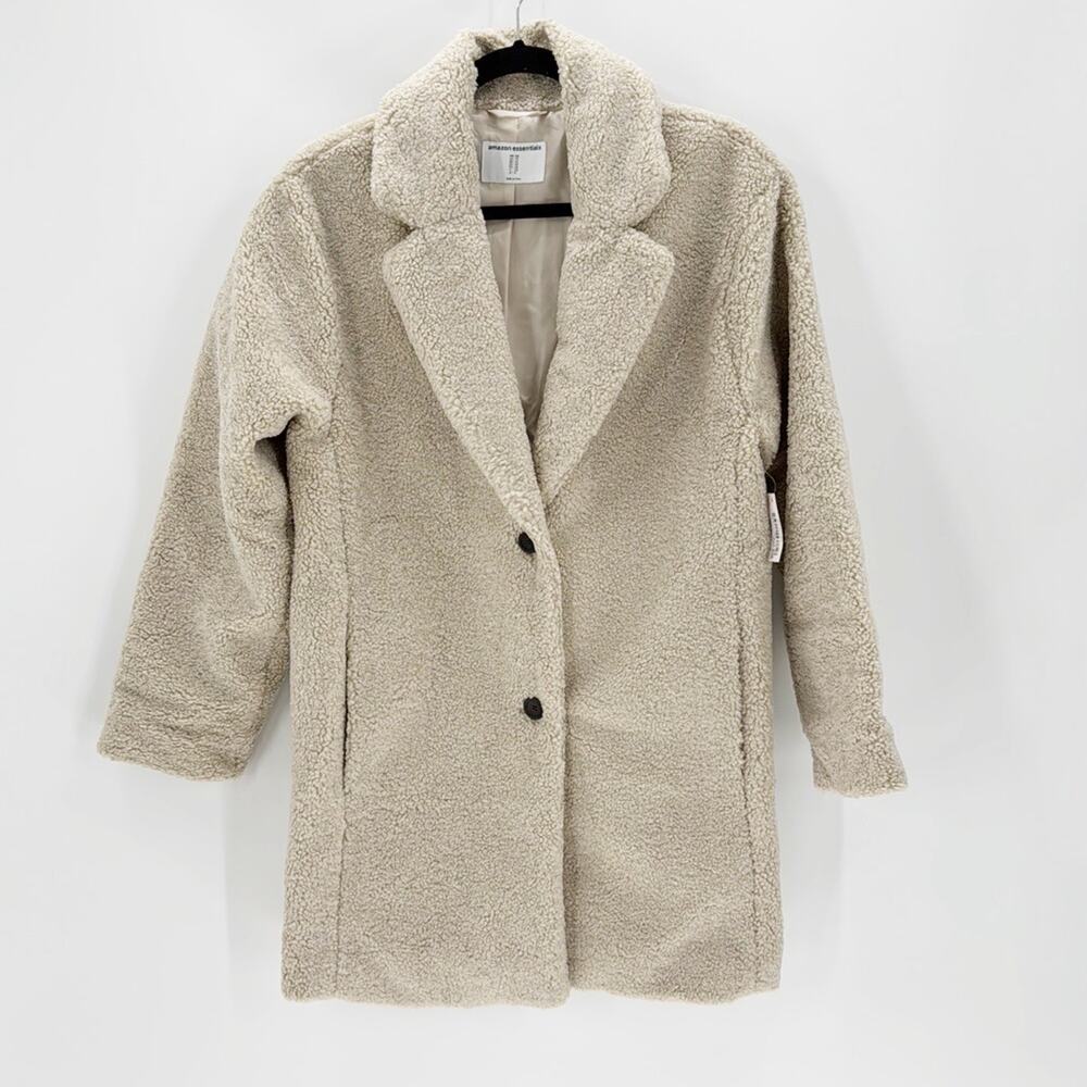 Amazon Essentials beige teddy bear faux Sherpa 2 button coat pockets neutral
